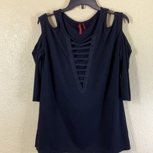 Love Scarlet Knit Top Blouse Black L Cold Shoulder Pullover 3/4 Sleeves